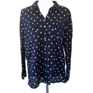 TALBOTS Blouse Women’s SZ M Polka Dot Button Front Long Sleeve Cotton Blue White